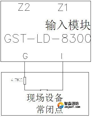 GST-LD-8300模塊與具有常閉無(wú)源觸點(diǎn)的現(xiàn)場(chǎng)設(shè)備連接方法